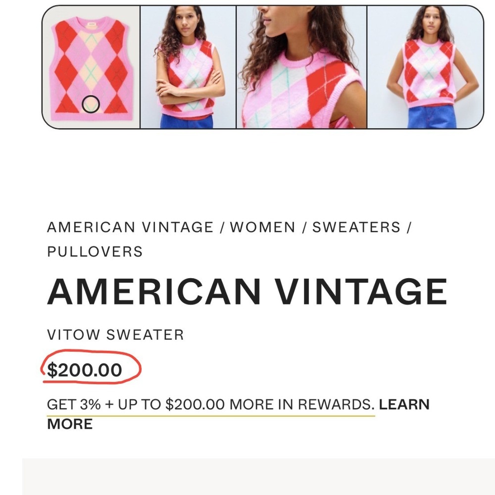 American Vintage Alpaca Blend Vitow Argyle Sweater Vest Pink Medium - Picture 3 of 10